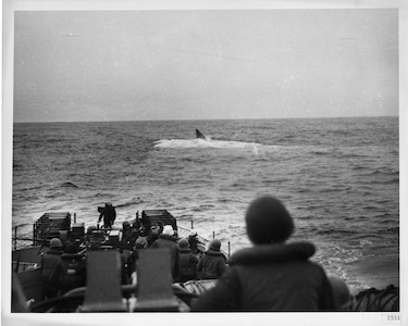 1944: April 16:  Sinking of German U-boat, U-550
Joining USS Gandy (DE-764), USS Joyce (DE-317) and USS Peterson (DE-152) intentionally rammed German (Type IXC) U-boat, U-550, in the North Atlantic east of New York on April 16, 1944.   The destroyer escorts then subsequently deployed depth-charges and gunfire to sink the submarine.  Previously, U-550 sank the U.S. merchant tanker, SS Pan Pennsylvania, on the same day.  Joyce and Peterson picked-up the survivors.   During the action, shells from the destroyer escorts set afire Pan Pennsylvania's abandoned wreck.