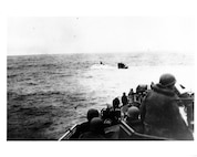 1944: April 16:  Sinking of German U-boat, U-550
Joining USS Gandy (DE-764), USS Joyce (DE-317) and USS Peterson (DE-152) intentionally rammed German (Type IXC) U-boat, U-550, in the North Atlantic east of New York on April 16, 1944.   The destroyer escorts then subsequently deployed depth-charges and gunfire to sink the submarine.  Previously, U-550 sank the U.S. merchant tanker, SS Pan Pennsyvania, on the same day.  Joyce and Peterson picked-up the survivors.   During the action, shells from the destroyer escorts set afire Pan Pennsylvania's abandoned wreck.