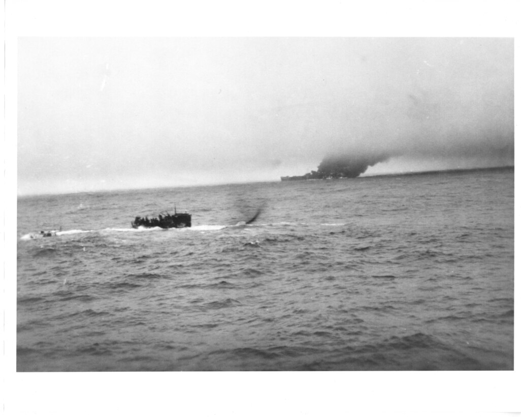 1944: April 16:  Sinking of German U-boat, U-550

Joining USS Gandy (DE-764), USS Joyce (DE-317) and USS Peterson (DE-152) intentionally rammed German (Type IXC) U-boat, U-550, in the North Atlantic east of New York on April 16, 1944.   The destroyer escorts then subsequently deployed depth-charges and gunfire to sink the submarine.  Previously, U-550 sank the U.S. merchant tanker, SS Pan Pennsyvania, on the same day.  Joyce and Peterson picked-up the survivors.   During the action, shells from the destroyer escorts set afire Pan Pennsylvania's abandoned wreck.