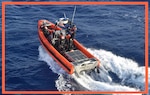 A Coast Guard small boat crew assigned to the U.S. Coast Guard Cutter Resolute (WMEC 620) gets underway in the North Caribbean Sea, July 15, 2023, Resolute was deployed in support of Homeland Security Task Force Southeast and Operation Vigilant Sentry to conduct migrant interdiction, deterrence, and maritime safety and security missions. (U.S. Coast Guard photo by Petty Officer 1st Class David Deal)