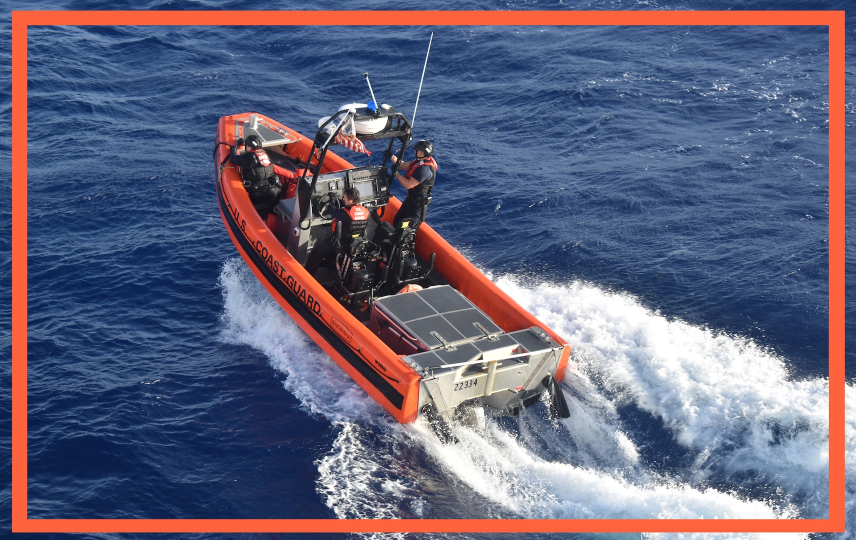 A Coast Guard small boat crew assigned to the U.S. Coast Guard Cutter Resolute (WMEC 620) gets underway in the North Caribbean Sea, July 15, 2023, Resolute was deployed in support of Homeland Security Task Force Southeast and Operation Vigilant Sentry to conduct migrant interdiction, deterrence, and maritime safety and security missions. (U.S. Coast Guard photo by Petty Officer 1st Class David Deal)