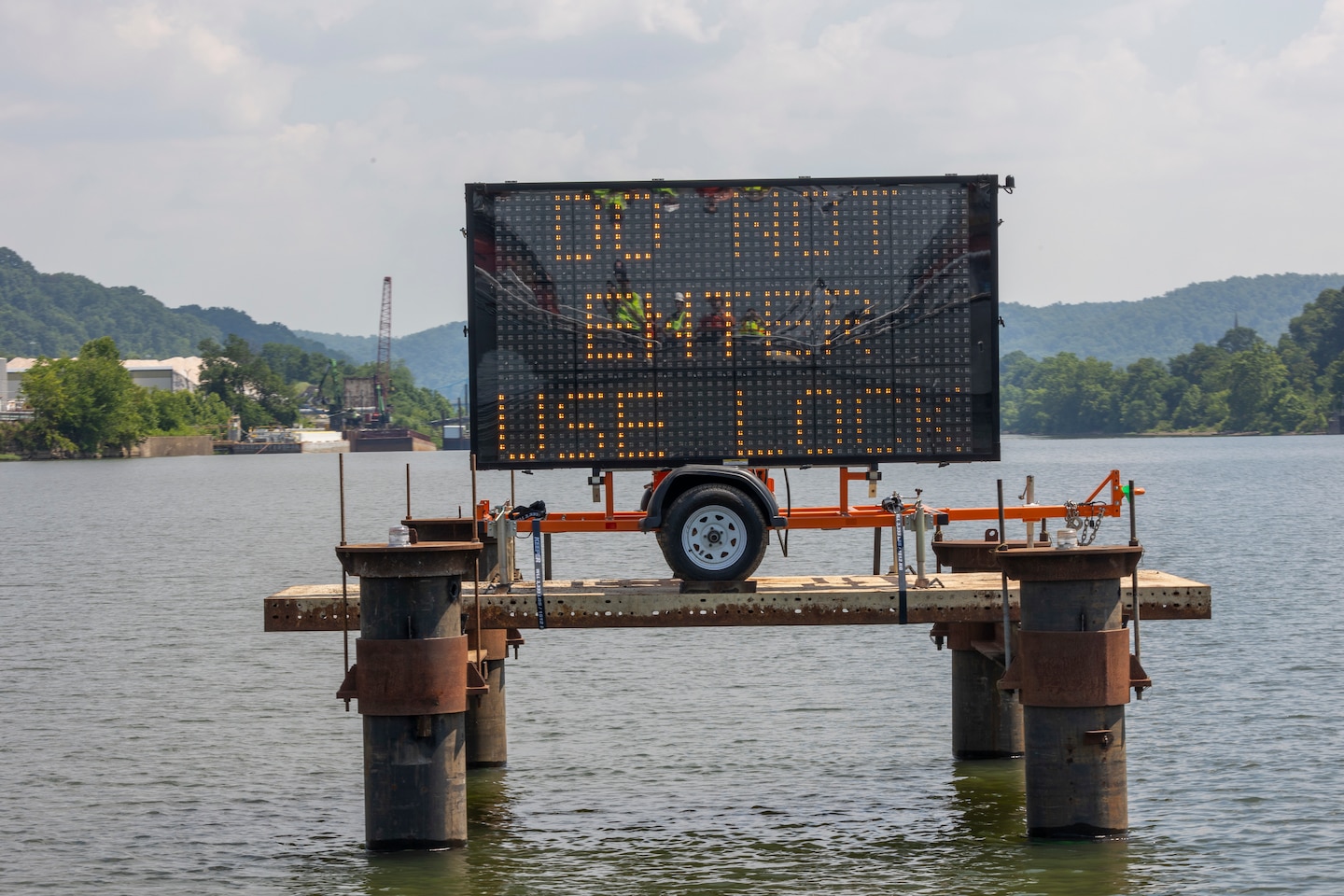 The U.S. Army Corps of Engineers Pittsburgh District installed navigation safety signs and buoys upstream and downstream of Monongahela River Locks and Dam 3 near Elizabeth, Pennsylvania.