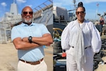 Side by side photos - man on left wearing light blue top and white pants. Woman on right wearing all white.