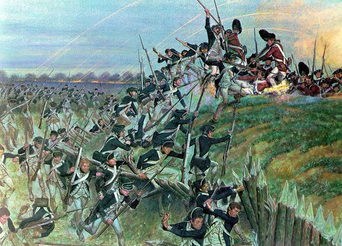 American light infantry storm Redoubt 10 while sappers, bottom right, use axes to hack through the log palisade. Painting by H. Charles McBarron.