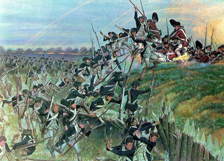 American light infantry storm Redoubt 10 while sappers, bottom right, use axes to hack through the log palisade. Painting by H. Charles McBarron.