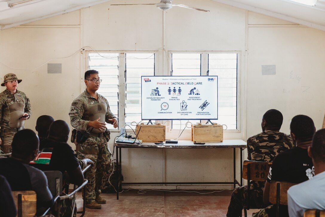 U.S. military personnel, led by Task Force Paxton medic Cpl. Vince Bartolome, recently spent three days teaching Kenyan military forces Tactical Combat Casualty Care while stationed in Manda Bay, Kenya. (U.S. Army National Guard photo by Staff Sgt. Jonathan Campbell)