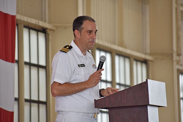 JACKSONVILLE, Fla. (June 28, 2024) – Family Medicine Program Director Cmdr. Dustin Smith, shared his remarks at Naval Hospital Jacksonville’s Family Medicine Residency Program graduation June 28 aboard Naval Air Station Jacksonville. Smith is a fellow graduate of the program.  (U.S. Navy photo by Julie M. Lucas, Naval Hospital Jacksonville/Released).