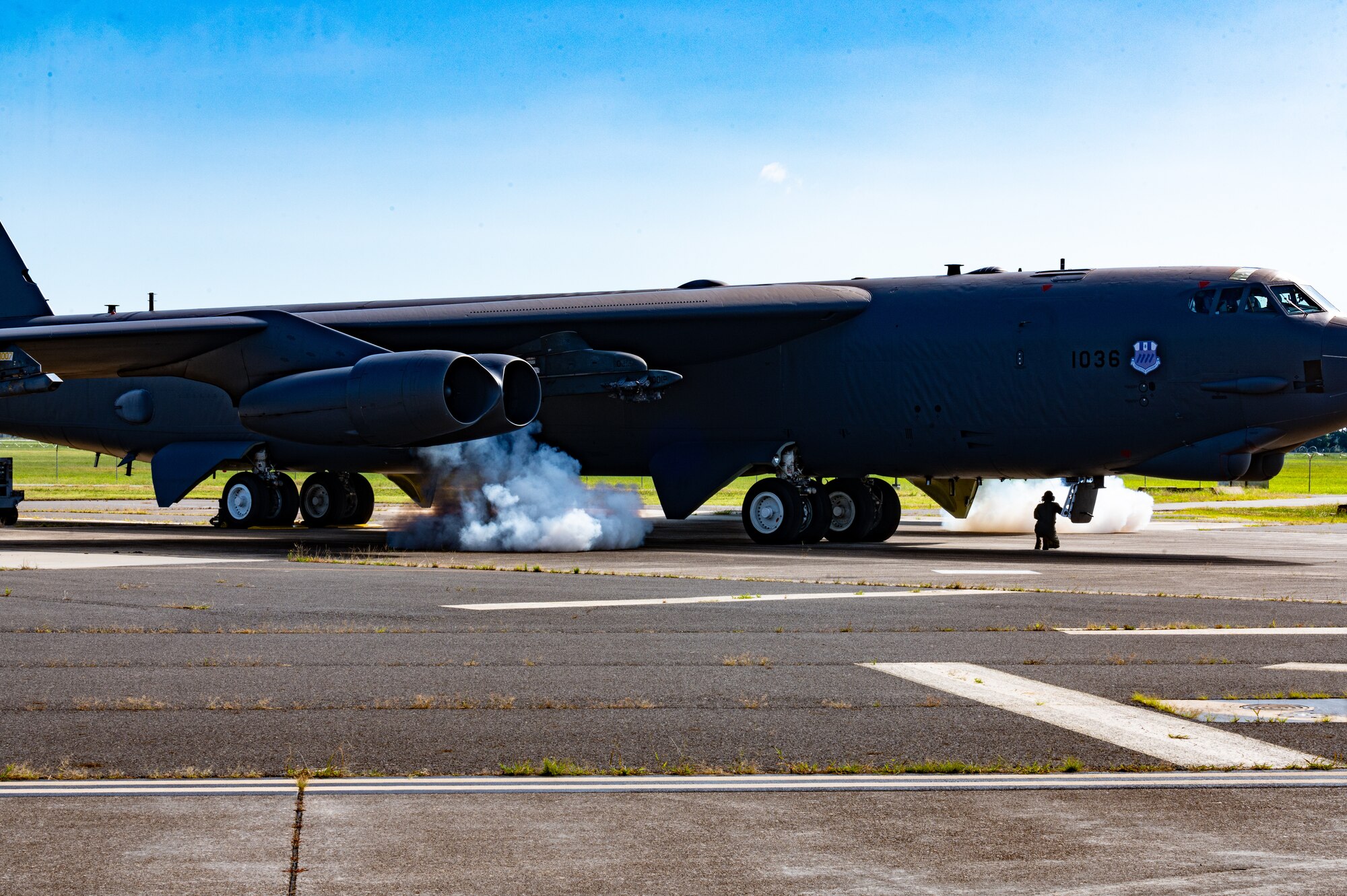 A B-52H Stratofortress starts its engines in preparation for a minimum interval takeoff as part of exercise Red Devil Thunder at Barksdale Air Force Base, La., June 27, 2024. RDT tests aircrew response time, focusing on nuclear weapons familiarization training and quick-taxi procedures. (U.S. Air Force photo by Airman 1st Class Aaron Hill)