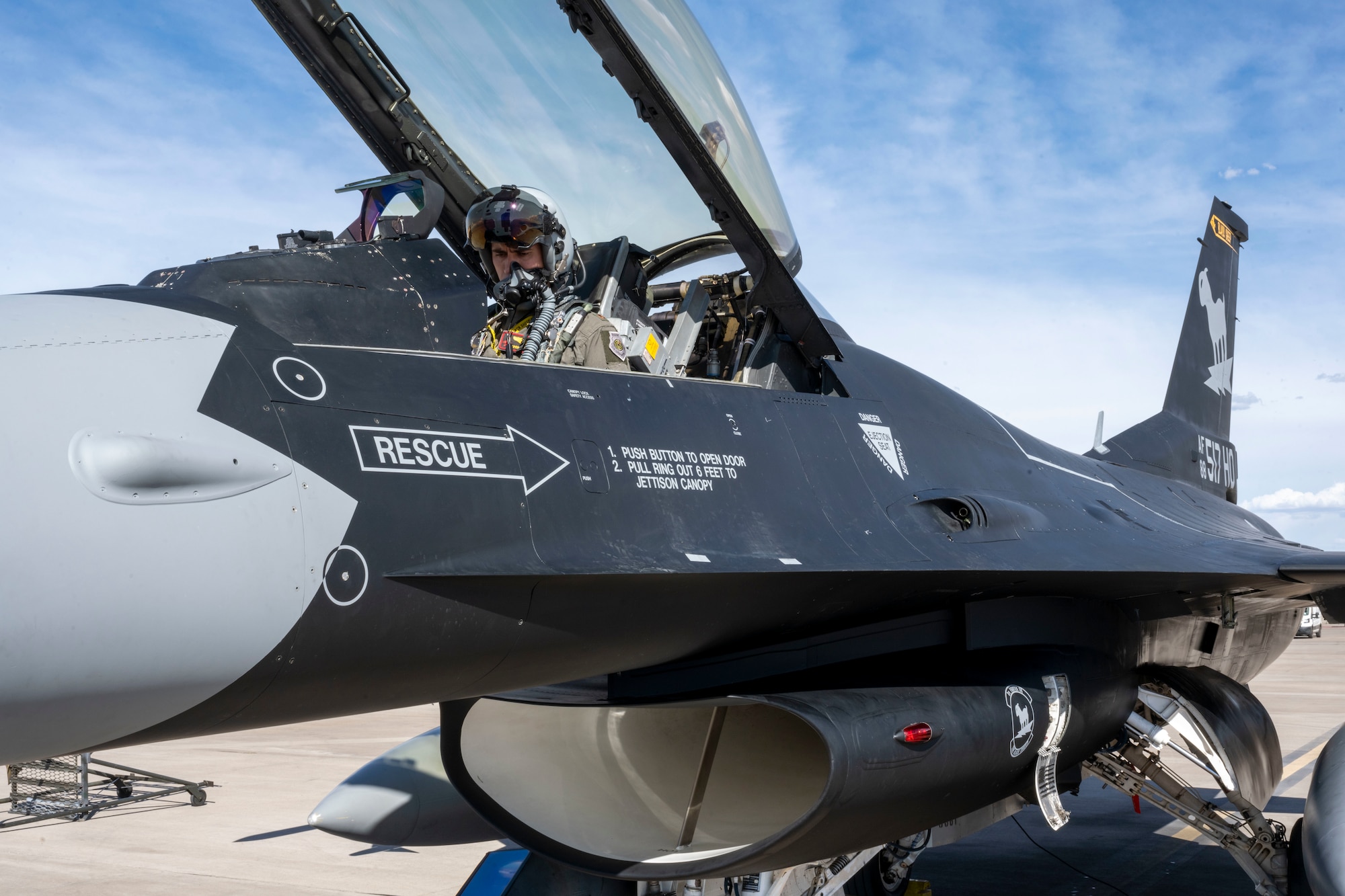 U.S. Air Force Maj. Colton Steen, 8th Fighter Squadron chief of weapons prepares for take-off at Holloman Air Force Base, June 25, 2024. The squadron’s new flagship honors the F-117 Nighthawk, which was flown by the 8th FS for over 25 years. (U.S. Air Force photo by Airman 1st Class Michelle Ferrari)