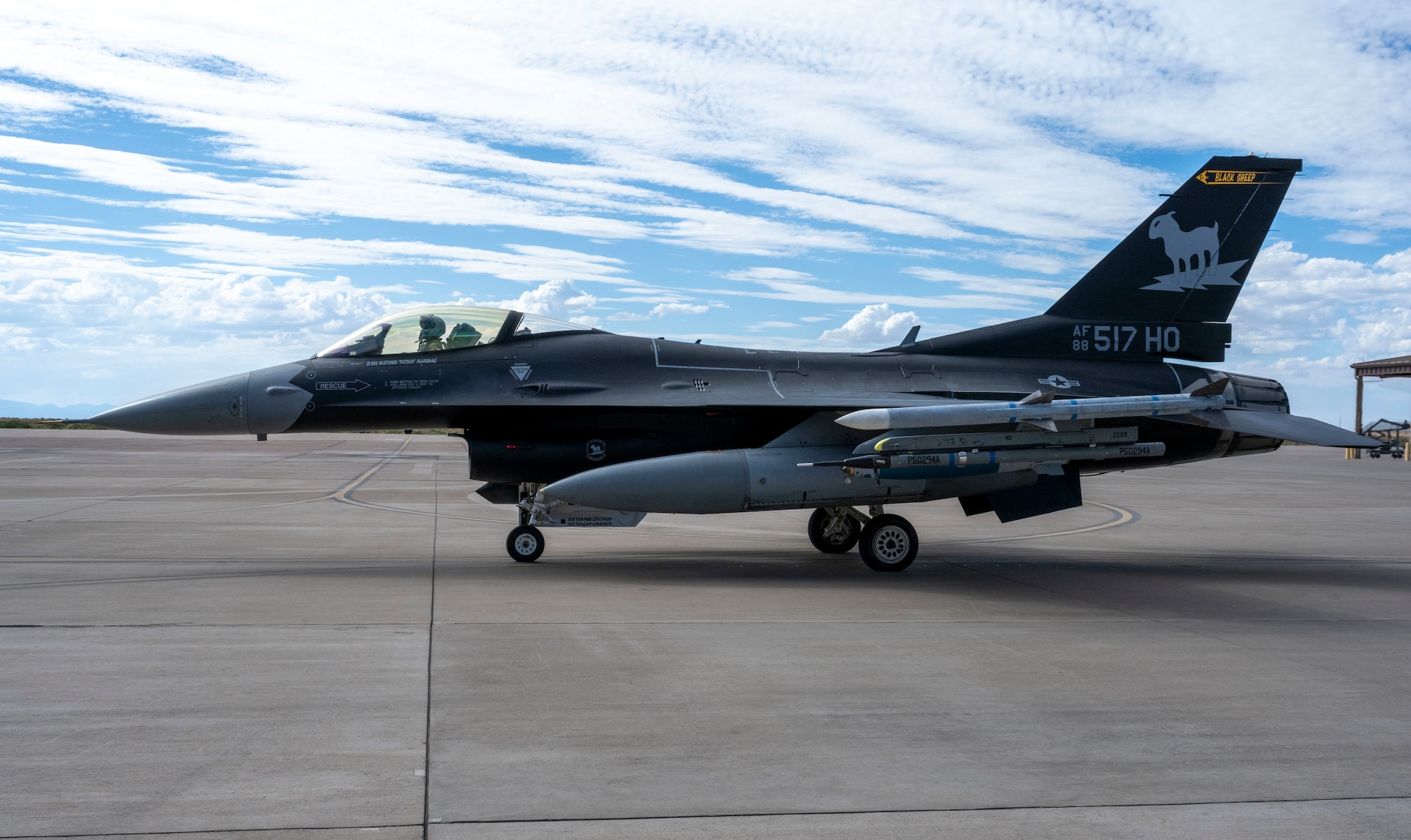 An F-16 Viper assigned to the 8th Fighter Squadrons waits on a runway at Holloman Air Force Base, New Mexico, June 28, 2024. The squadron’s new flagship honors the F-117 Nighthawk, which was flown by the 8th FS for over 25 years. (U.S. Air Force photo by Airman 1st Class Michelle Ferrari)
