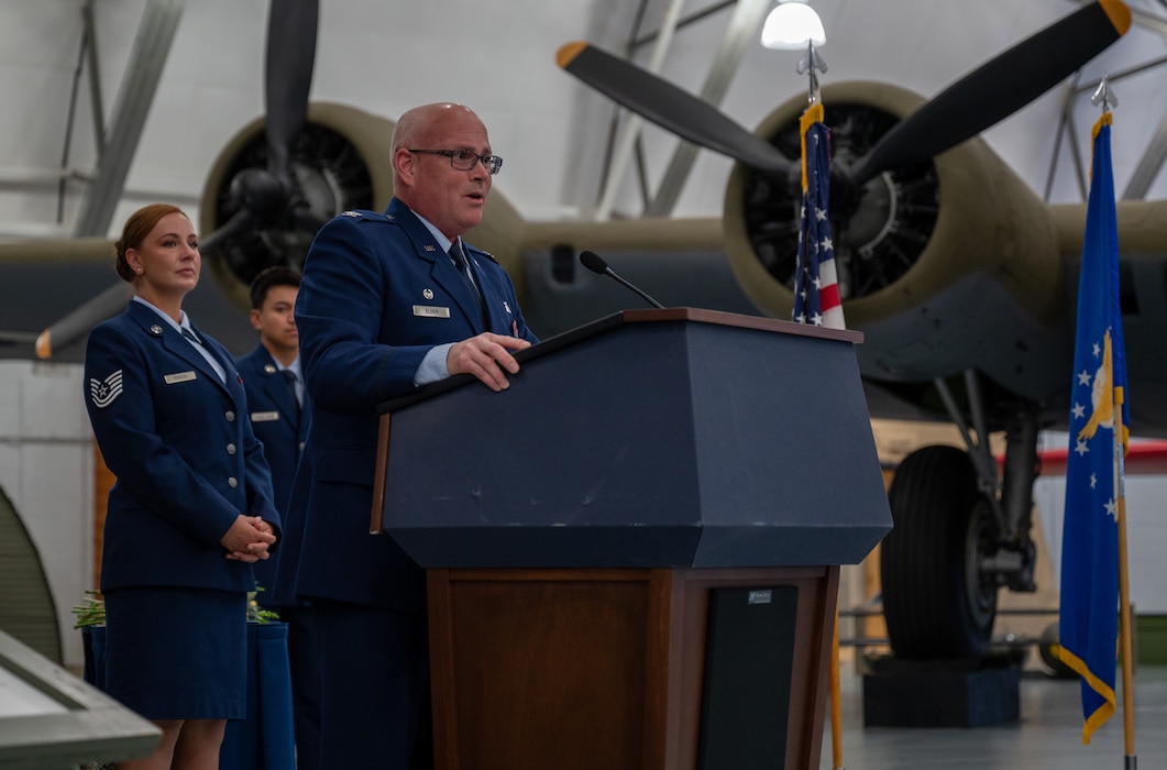 U.S. Air Force Col. Jamison Elder, 436th Medical Group commander, provides opening remarks during the 436th Operational Medical Readiness Squadron change of command ceremony at Dover Air Force Base, Delaware, July 2, 2024. The ceremony saw Lt. Col. John Batka relinquish command to Lt. Col. Christopher Raimondi. (U.S. Air Force photo by Airman Liberty Matthews)