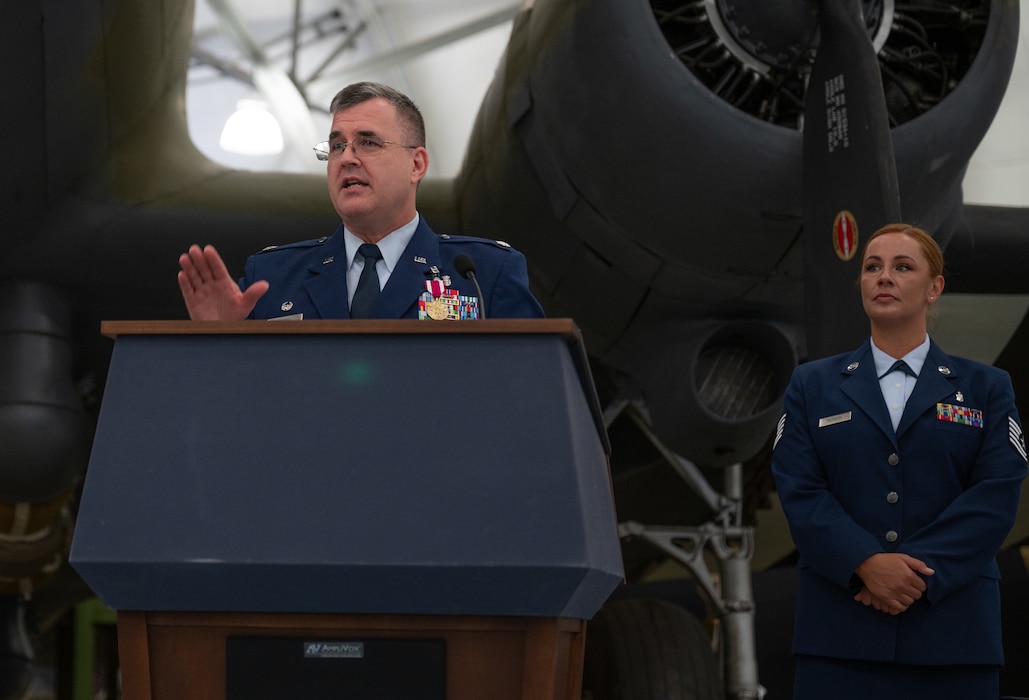 U.S. Air Force Lt. Col. John Batka, outgoing 436th Operational Medical Readiness Squadron commander, gives his last address during the 436th OMRS change of command ceremony at Dover Air Force Base, Delaware, July 2, 2024. The event saw Batka relinquish command to Lt. Col. Christopher Raimondi. (U.S. Air Force photo by Airman Liberty Matthews)
