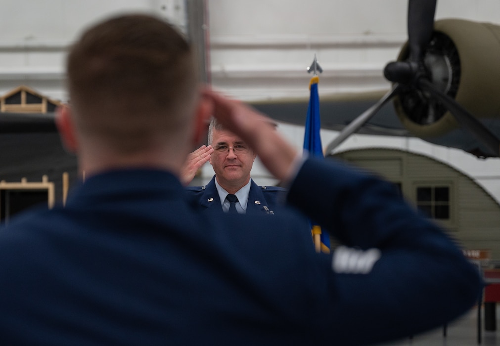 U.S. Air Force Lt. Col. John Batka, outgoing 436th Operational Medical Readiness Squadron commander, renders his final salute during the 436th OMRS change of command ceremony at Dover Air Force Base, Delaware, July 2, 2024. The event saw Batka relinquish command to Lt. Col. Christopher Raimondi. (U.S. Air Force photo by Airman Liberty Matthews)