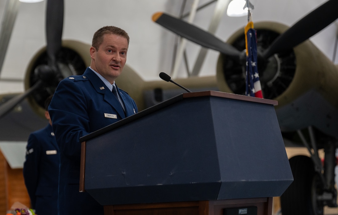 U.S. Air Force Lt. Col. Christopher Raimondi, 436th Operational Medical Readiness Squadron commander, gives his first address during the 436th OMRS change of command ceremony at Dover Air Force Base, Delaware, July 2, 2024. The event saw Lt. Col. John Batka relinquish command to Raimondi. (U.S. Air Force photo by Airman Liberty Matthews)