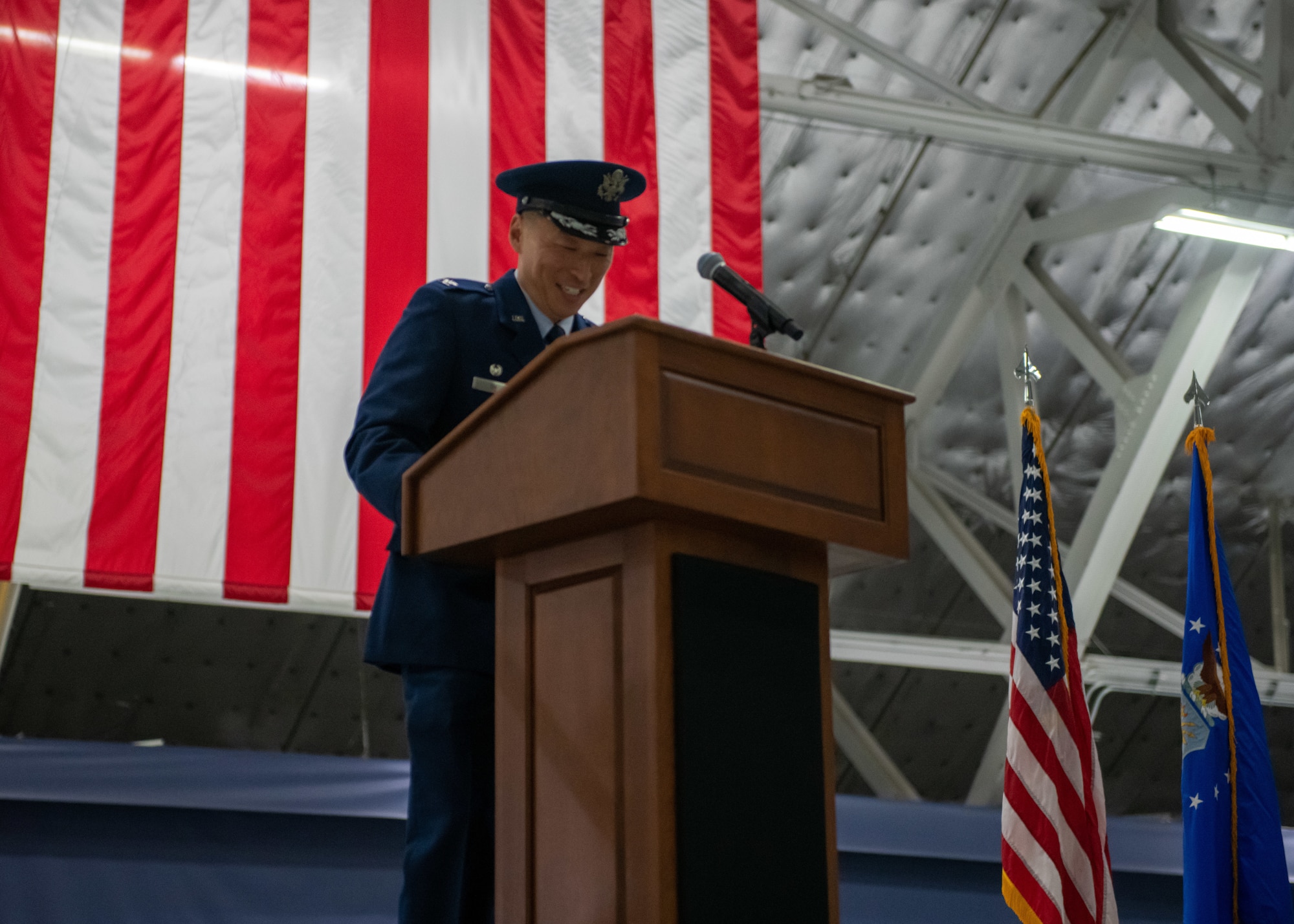 U.S. Air Force Col. Jun S. Oh speaks during the 316th Wing change of command ceremony