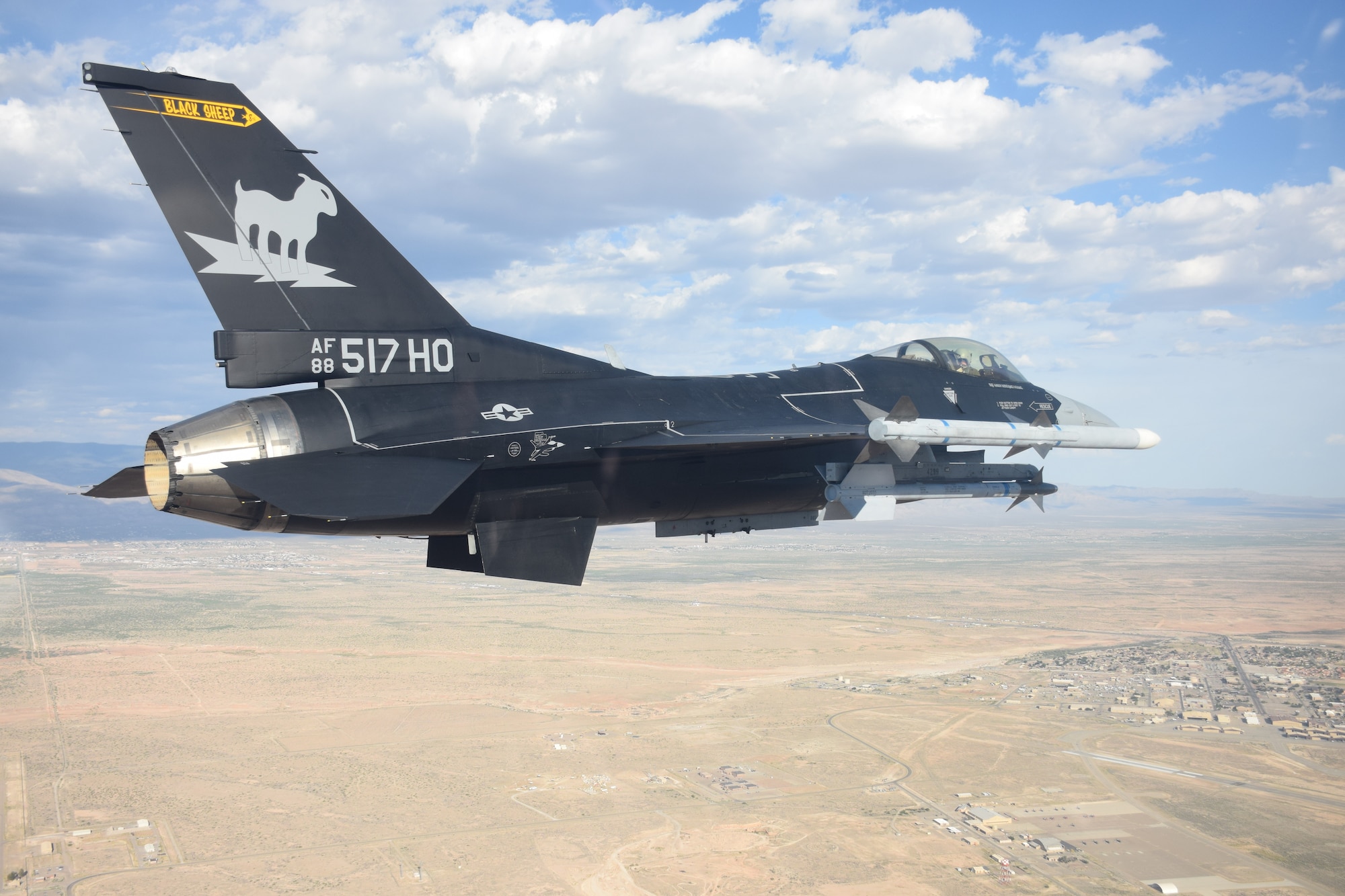 An F-16 Viper assigned to the 8th Fighter Squadrons flies over Holloman Air Force Base, New Mexico, June 6, 2024. The squadron’s new flagship honors the F-117 Nighthawk, which was flown by the 8th FS for over 25 years. (Courtesy photo)