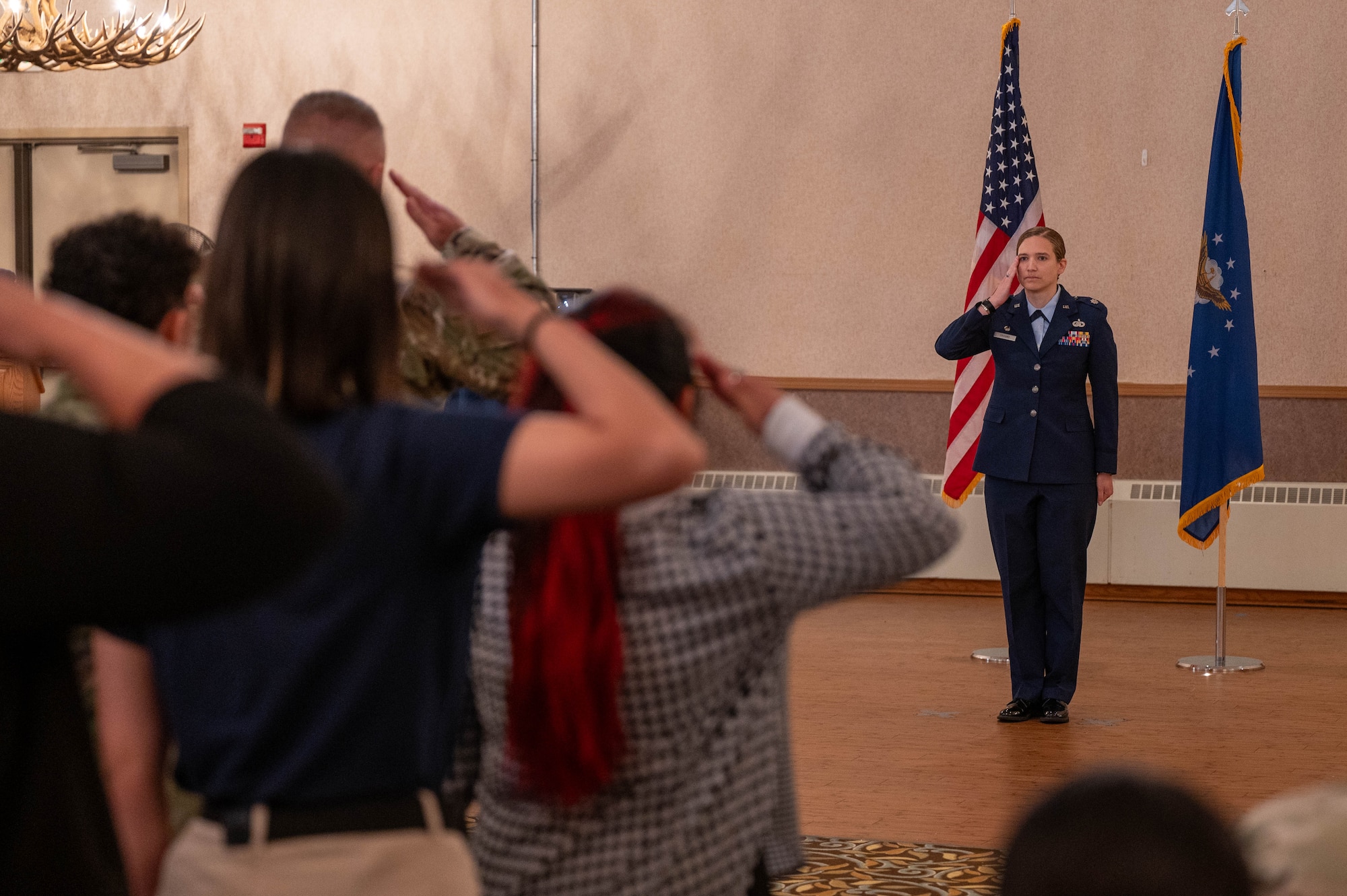 U.S. Air Force Lt. Col. Michelle Ground, 354th Force Support Squadron incoming commander, renders an initial salute to her Airmen at Eielson Air Force Base, Alaska, July 2, 2024.