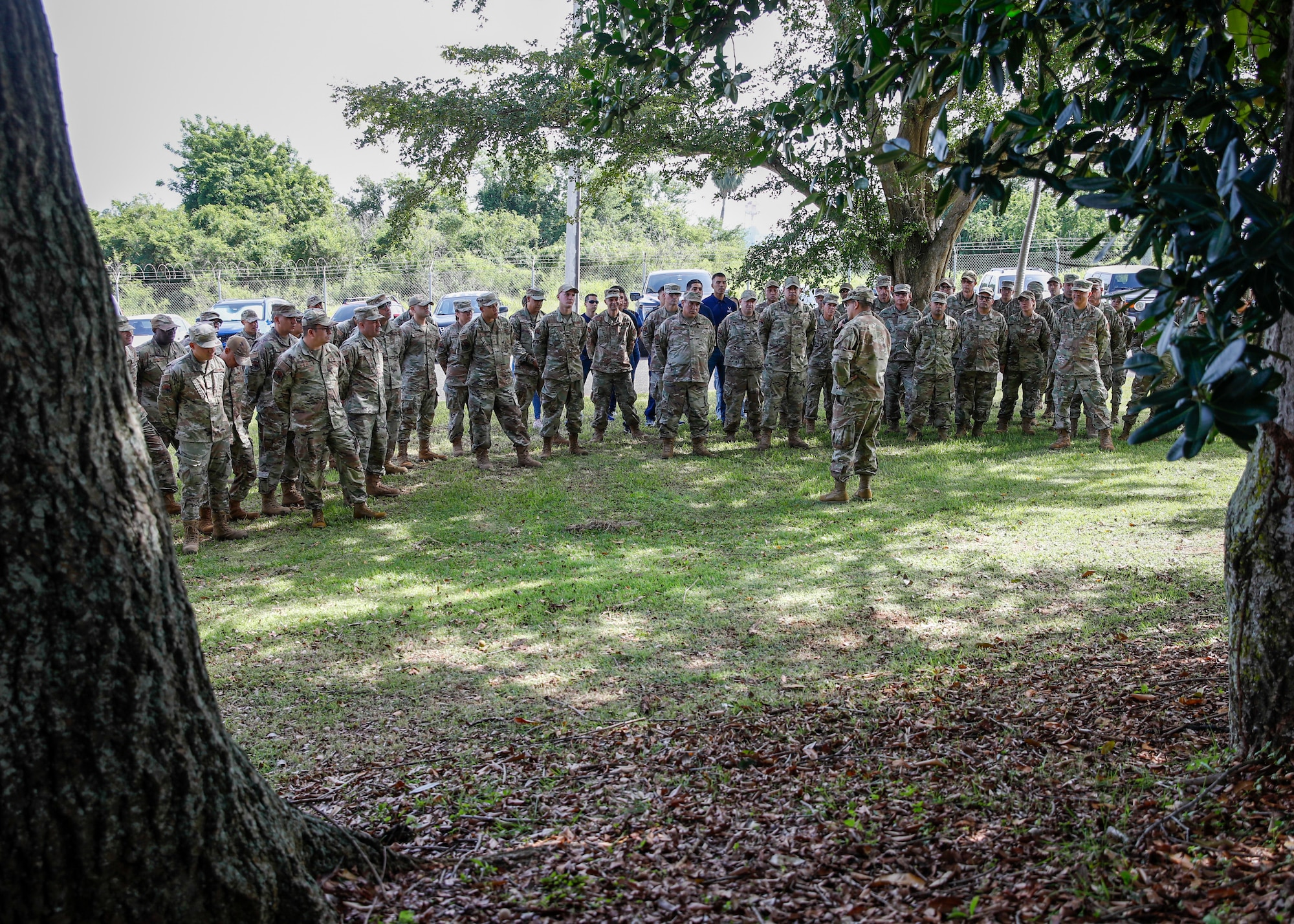 U.S. Air Force Brig. Gen. Humberto Pabon Jr., the assistant adjutant general-air, Puerto Rico Air National Guard, addresses the Airmen of the 141st Air Control Squadron and explains their change of mission in becoming an Air Mobility Squadron at Punta Borinquen Radar Site, Aguadilla, Puerto Rico, June 1, 2024. The transition from an ACS to an AMS will be effective April 1, 2025, upon completion of their upcoming deployment. (U.S. Air National Guard photo by Tech. Sgt. Josue Rivera)