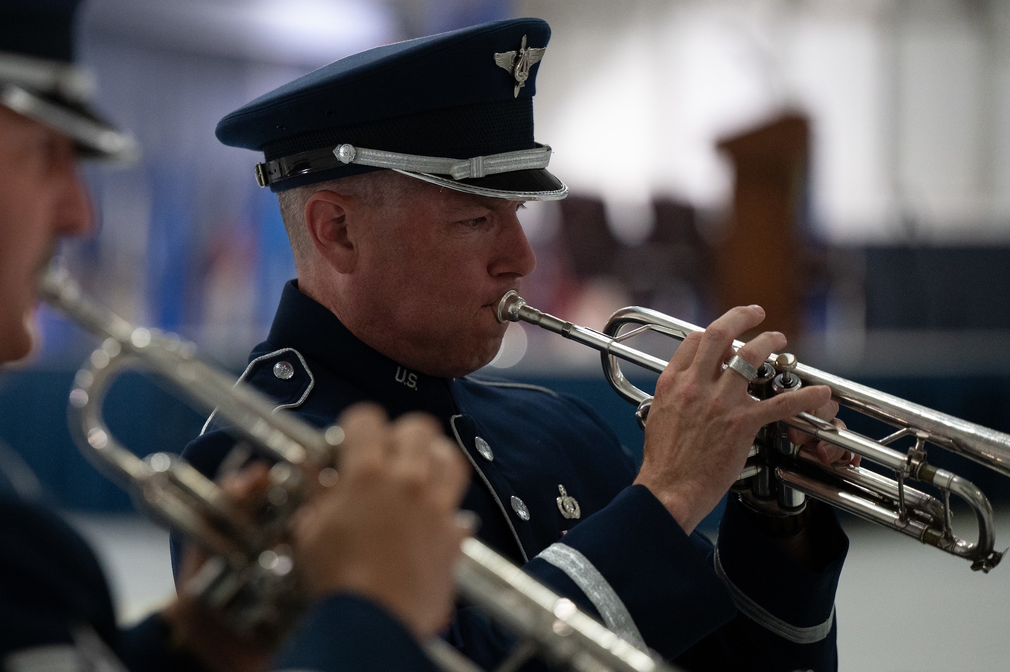 A member from the U.S. Air Force Band Quintet plays during the 316th Wing change of command ceremony