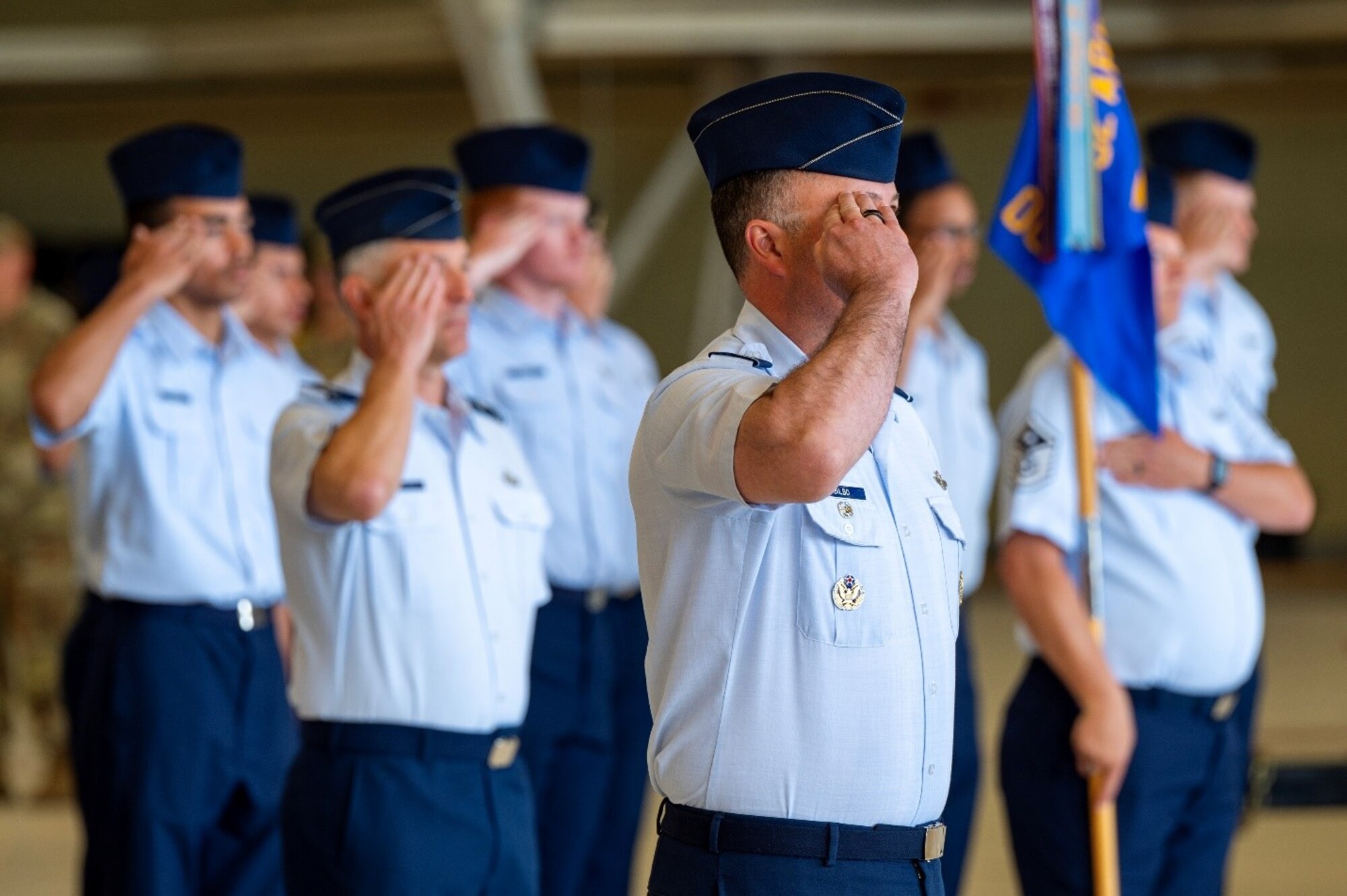 Military members salute in formation