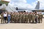Airmen and Soldiers from the Tennessee National Guard pose in front of the KC-135 Stratotanker crewed by Arizona National Guard's 161st Air Refueling Wing before departing Nashville for Sofia, Bulgaria, June 28, 2024, to support U.S. European Command’s U.S. Independence Day celebrations. The 129th Army National Guard Band, supplemented by former members of the 572nd Air National Guard Band, performed at the event.