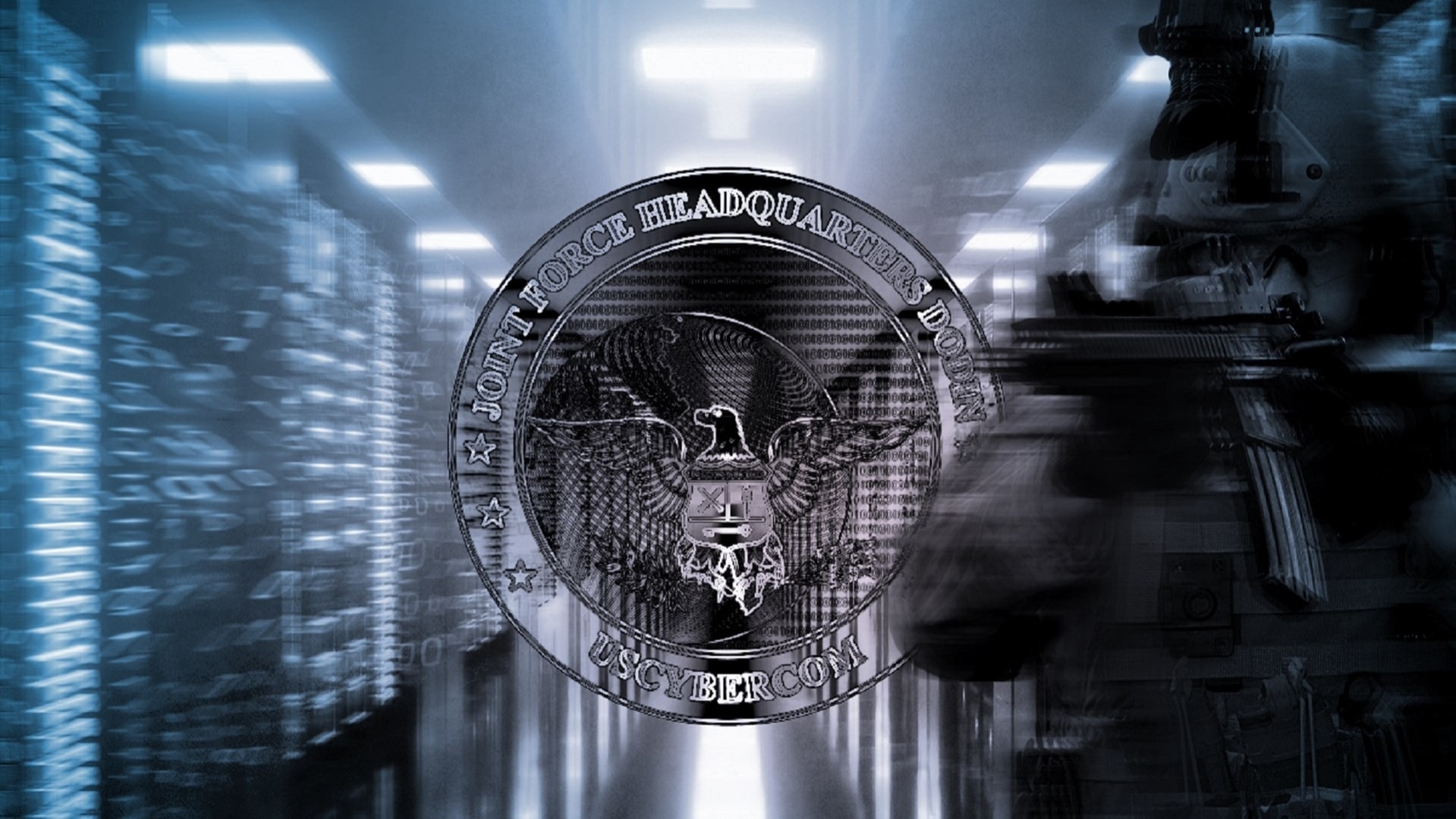 Graphic of Special Operator superimposed on a server farm with JFHQ-DODIN Logo