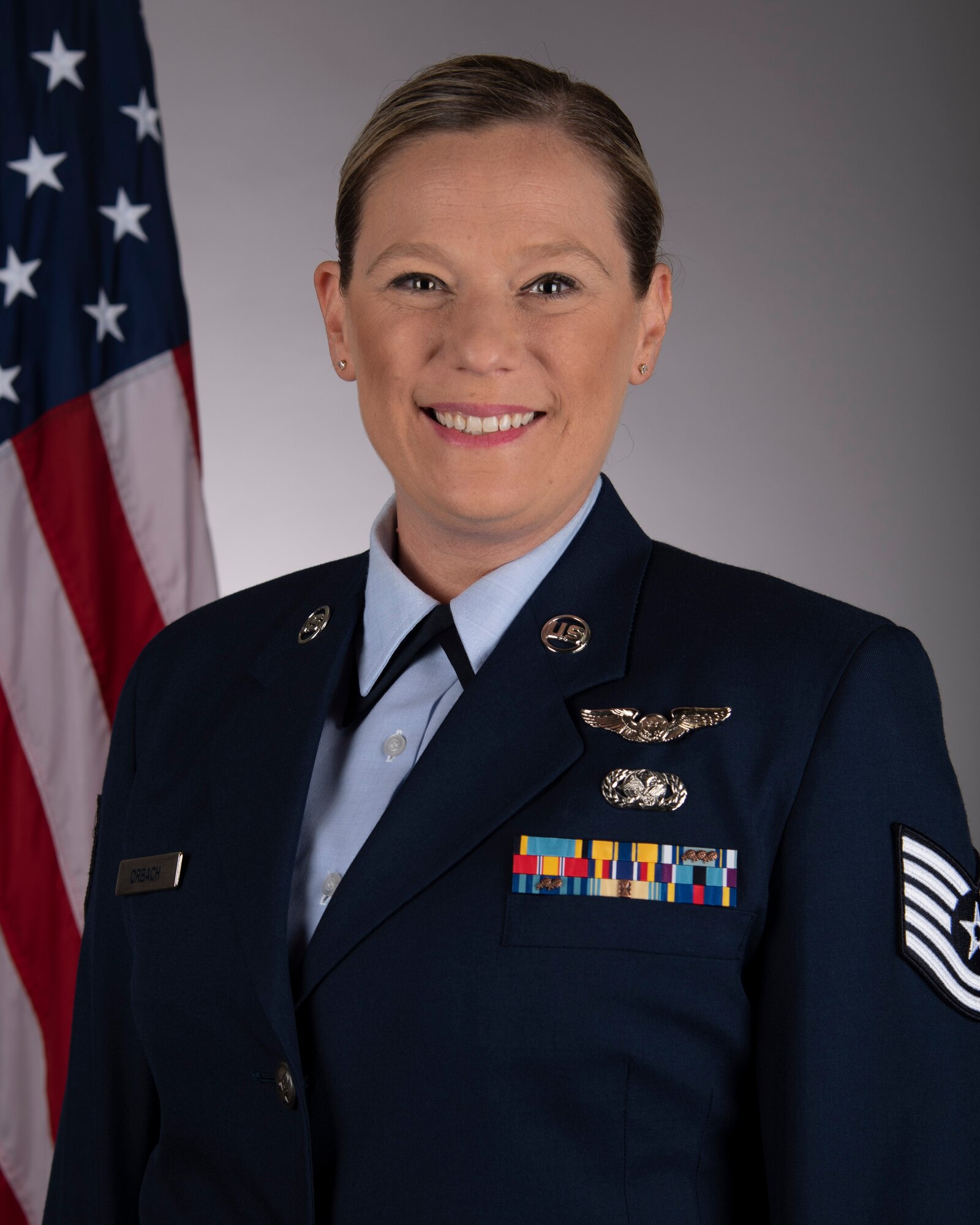 Tech. Sgt. Stephanie Orbach, 73rd Airlift Squadron flight attendant, was recently recognized as Noncommissioned Officer of the Year, Scott Air Force Base, Illinois.