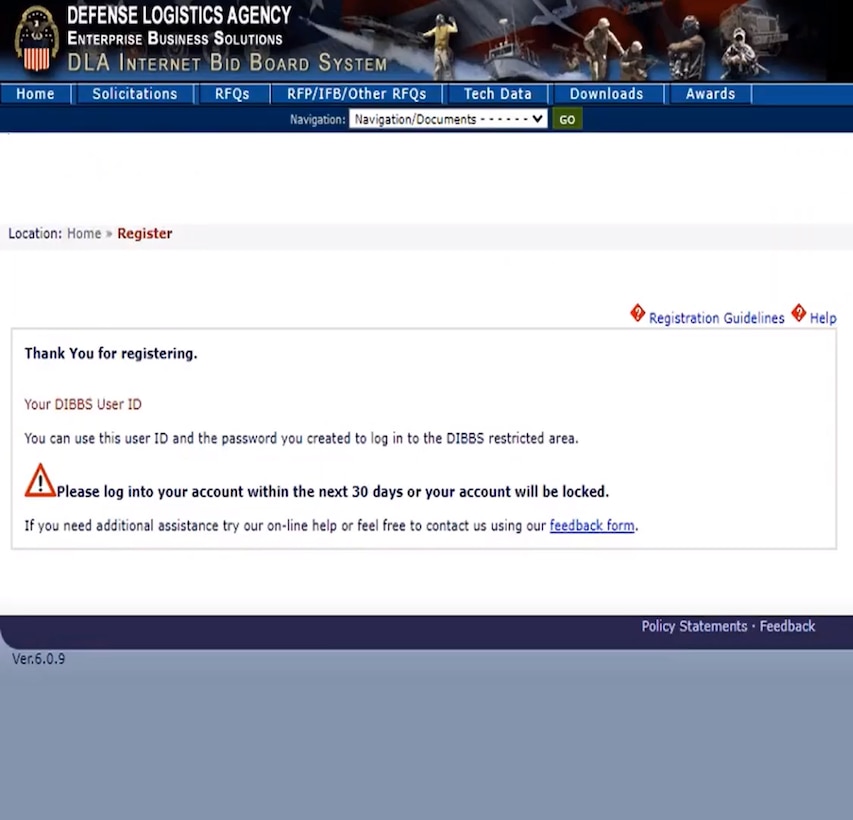 Confirmation screen after a Vendor registers in DLA's Internet Bid Board System (DIBBS).