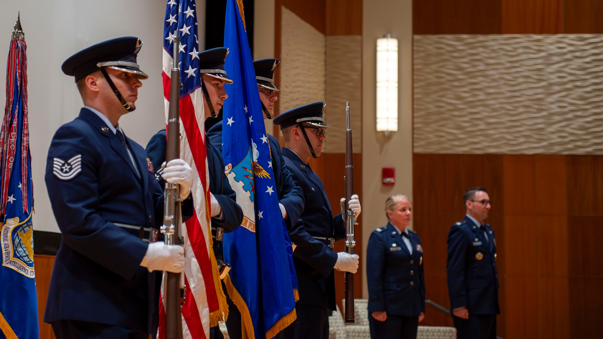 The National Air and Space Intelligence Center’s Color Guard presents the colors during the Networked Weapons and Modeling Intelligence Group change of command ceremony.