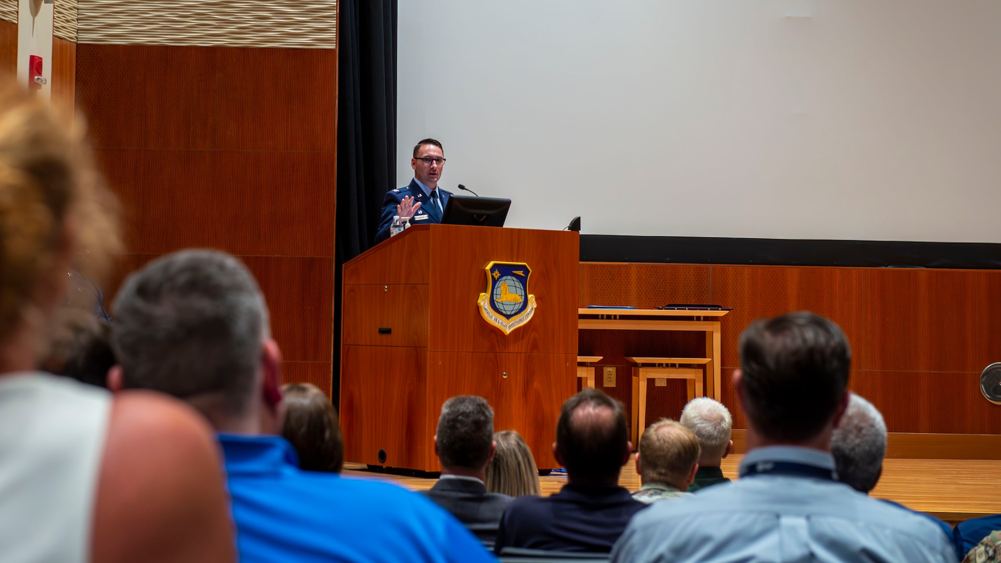 Col. Ryan Skaggs gives remarks after assuming command of the group during a ceremony at Wright-Patterson Air Force Base.