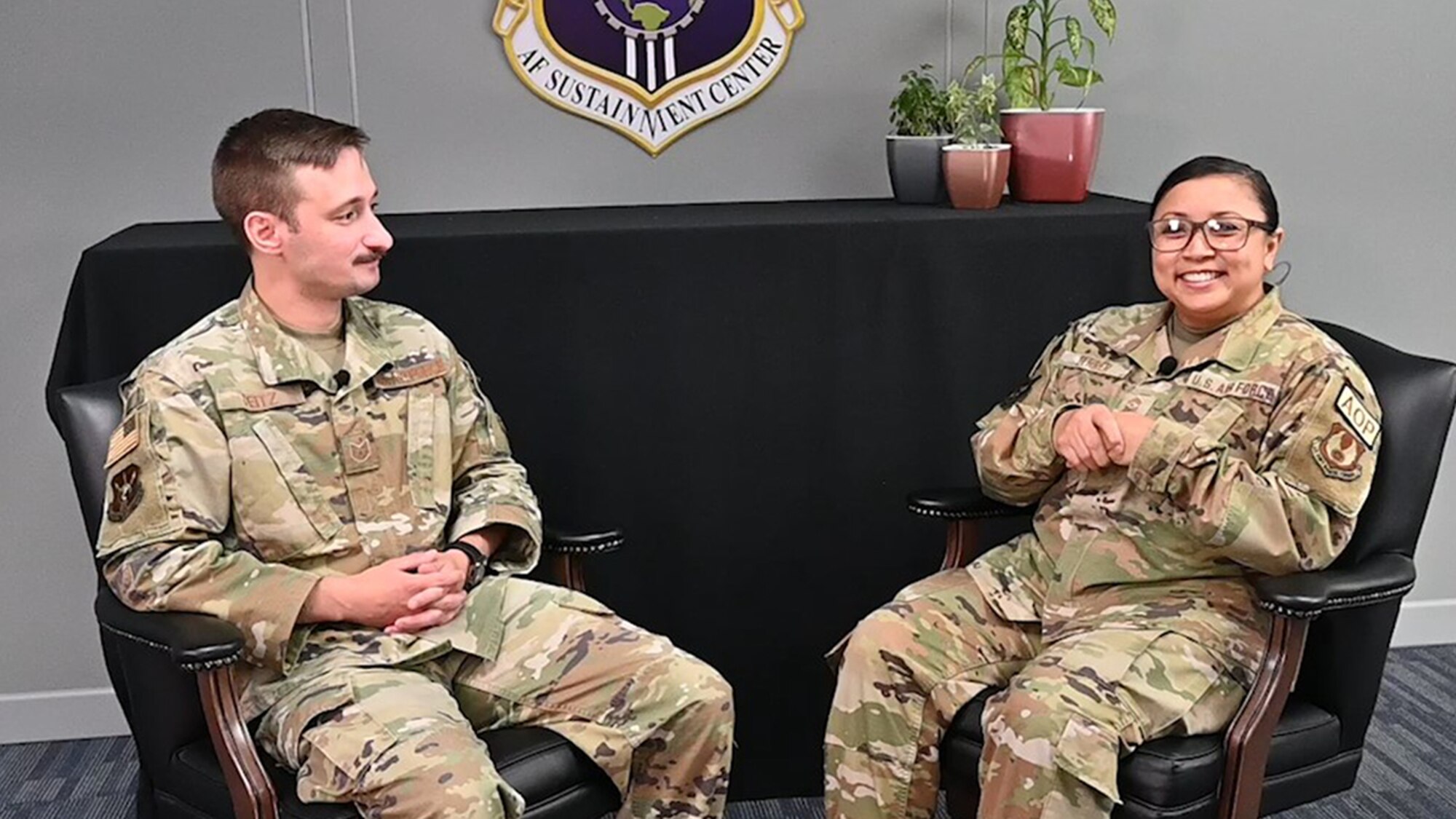 Chief Master Sergeant Beth Ferrer, command chief Air Force Sustainment Center, interviews Technical Sergeant Paul Deitz, executive assistant to the Command Chief Air Force Sustainment Center.