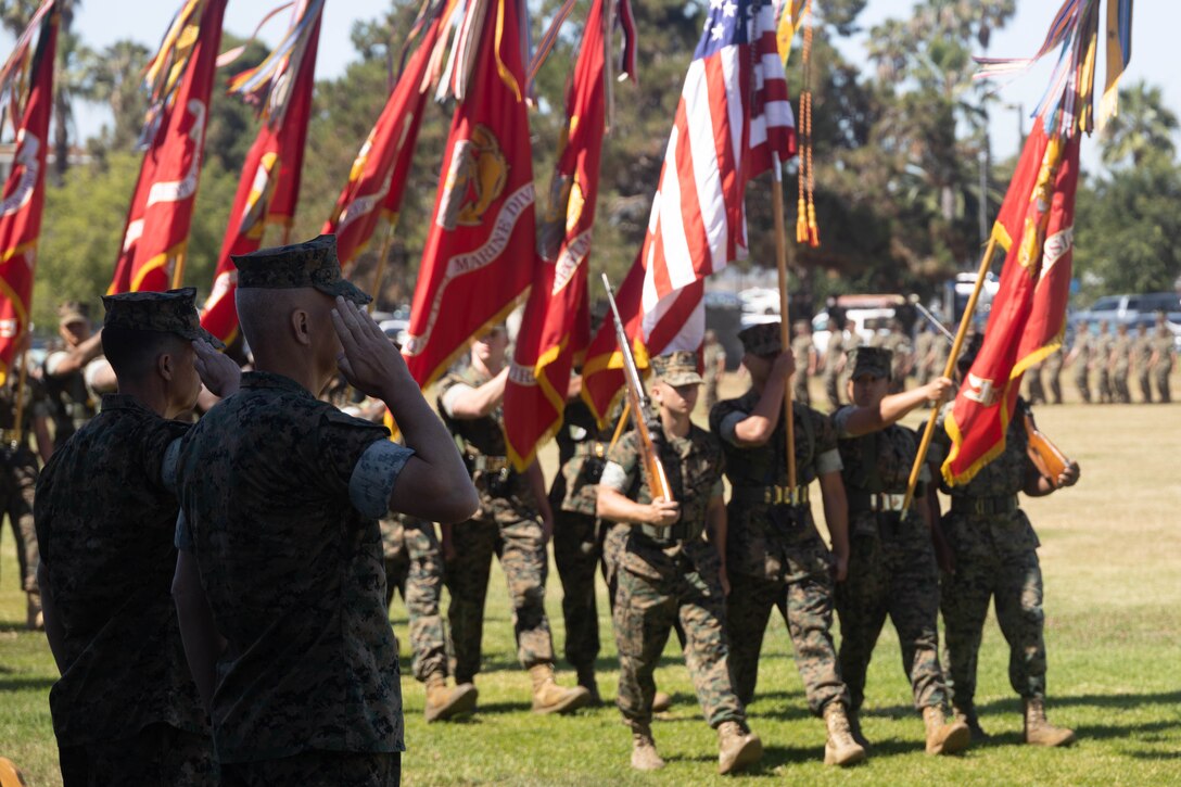 U.S. Marine Corps Maj. Gen. Benjamin T. Watson, left, and Maj. Gen. Robert C. Fulford, the outgoing and incoming commanding generals of 1st Marine Division, salute during a pass in review as part of the division’s change of command ceremony at Marine Corps Base Camp Pendleton, California, July 2, 2024. During the ceremony, Watson relinquished command of the division to Fulford. (U.S. Marine Corps photo by Sgt. Cameron Hermanet)