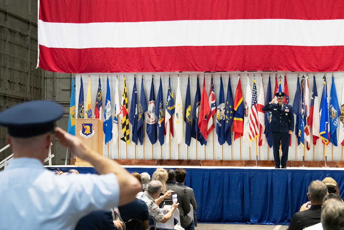 Brig. Gen. Mark Massaro holds a salute during the change of command ceremony inside the McKinley Climatic Lab at Eglin Air Force Base, Fla., July 3, 2024.