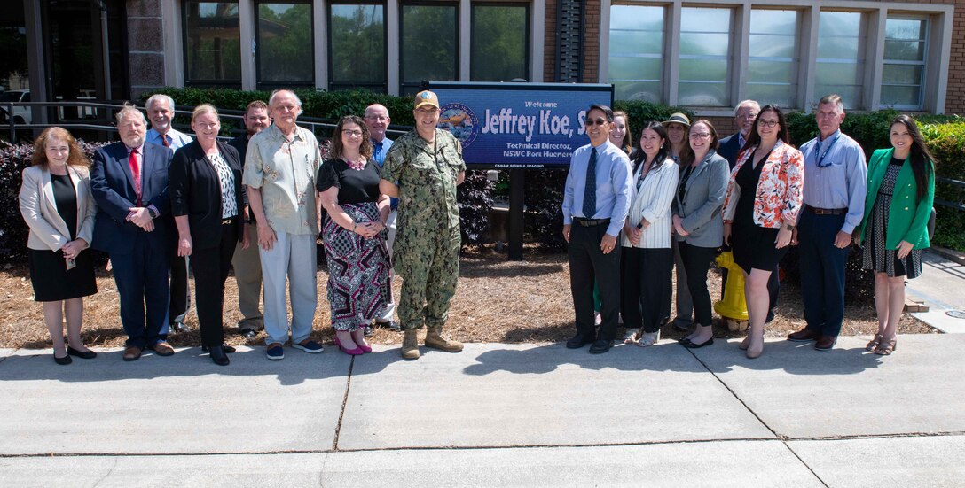 Capt. David Back, Naval Surface Warfare Center Panama City Division commanding officer, and members of his leadership team welcome Mr. Jeffrey Koe, Naval Surface Warfare Center Port Hueneme Division technical director, for his technical director swap, April 29. This one-week rotation helped Koe better understand how NSWC PCD supports the warfighter. (U.S. Navy photo by Eddie Green)
