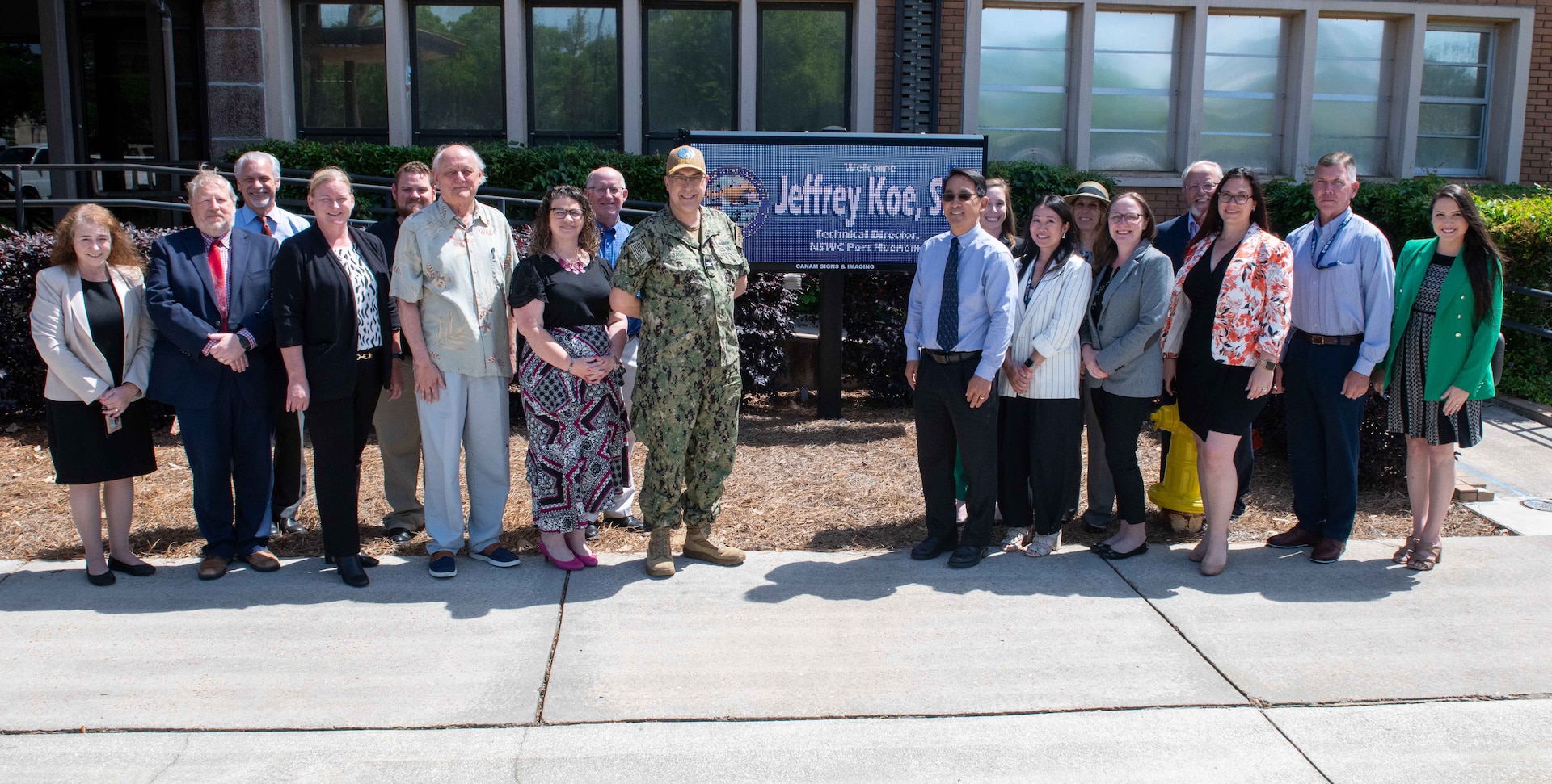 Capt. David Back, Naval Surface Warfare Center Panama City Division commanding officer, and members of his leadership team welcome Mr. Jeffrey Koe, Naval Surface Warfare Center Port Hueneme Division technical director, for his technical director swap, April 29. This one-week rotation helped Koe better understand how NSWC PCD supports the warfighter. (U.S. Navy photo by Eddie Green)