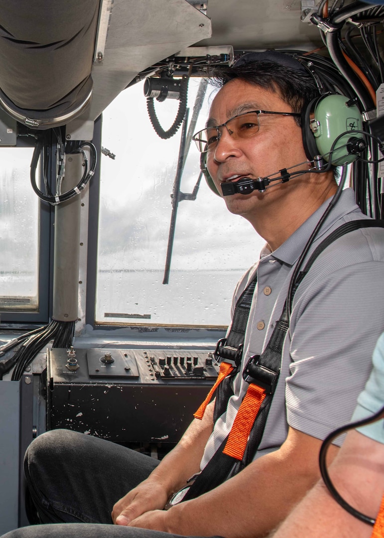 Mr. Jeffrey Koe, Naval Surface Warfare Center Port Hueneme Division technical director, takes a flight on Naval Surface Warfare Center Panama City Division’s Landing Craft Air Cushion (LCAC) vehicle, May 2. NSWC PCD’s Expeditionary Warfare and Littoral Operations hosted this part of his tour. (U.S. Navy photo by Ronnie Newsome)