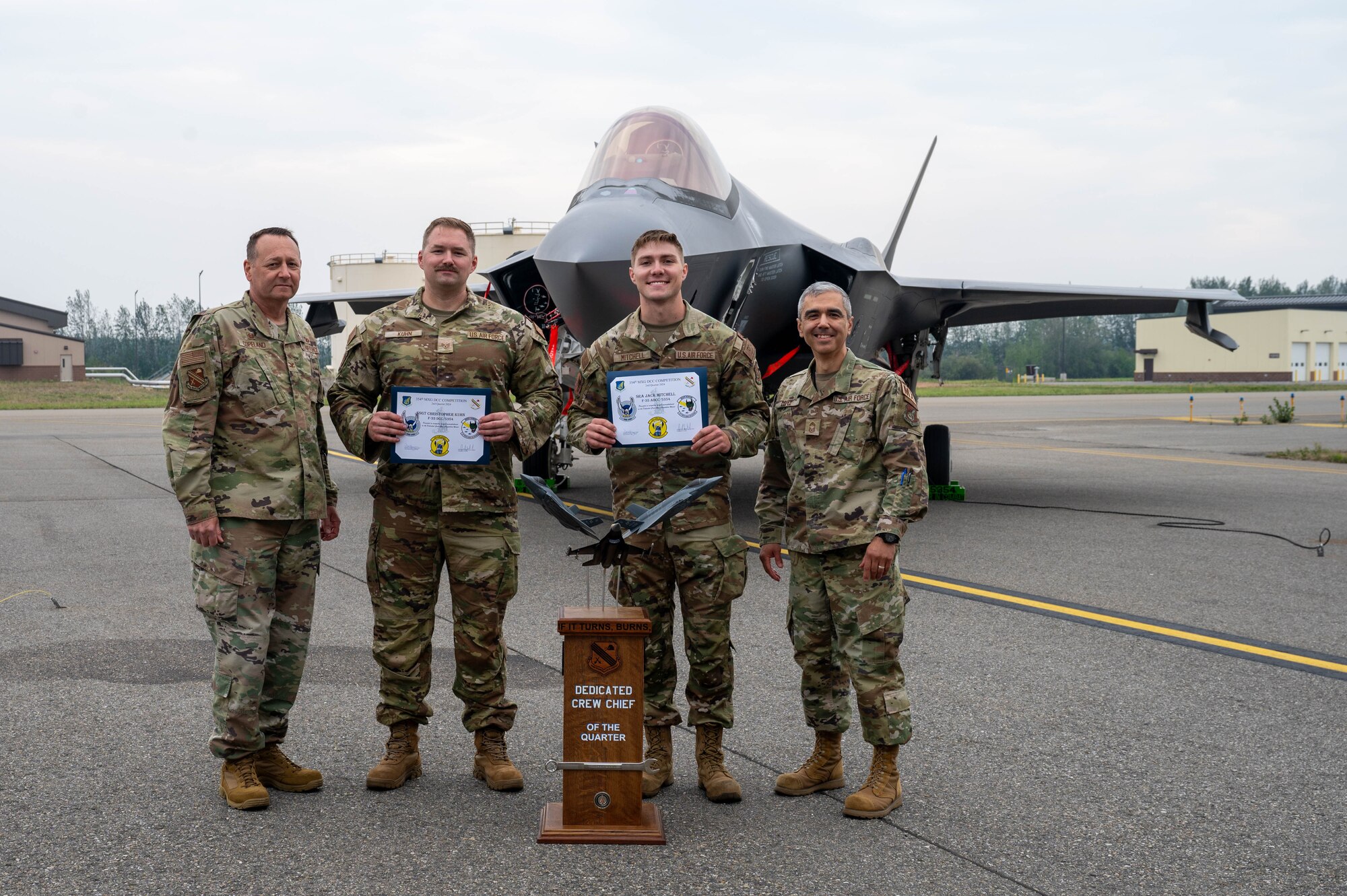 Airmen assigned to the 356th Fighter Generation Squadron pose for a photo for winning the Dedicated Crew Chief award following a load competition at Eielson Air Force Base, Alaska, July 3, 2024.