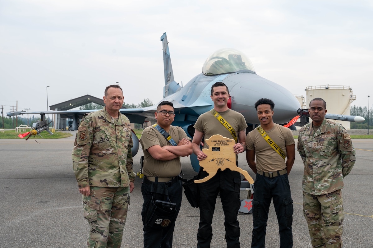 Airmen assigned to the 18th Fighter Generation Squadron pose for a photo after winning the quarterly load competition at Eielson Air Force Base, Alaska, July 3, 2024.