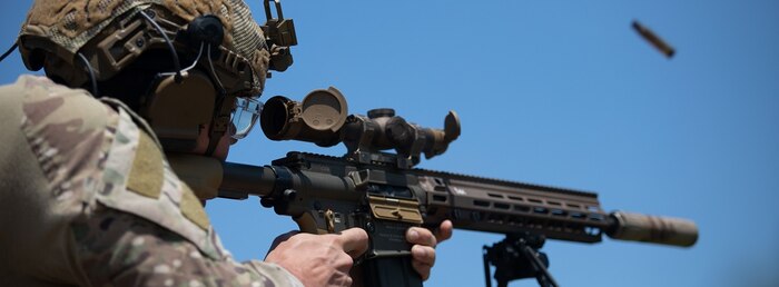 U.S. Air Force Senior Airman Alexander Jelinskiy, an explosive ordnance disposal technician and Wisconsin native, with 316th Civil Engineer Squadron, 316th Mission Support Group, fires a M110 Semi-Automatic Sniper System during Exercise Tanuki Bandit at Draughon Range, Aomori, Japan.