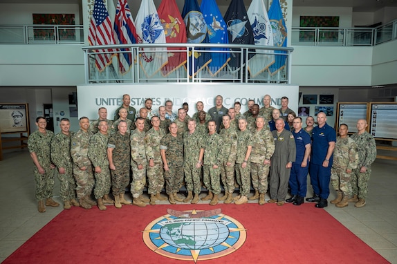 Adm. Samuel J. Paparo, commander, U.S. Indo-Pacific Command, hosted more than 70 senior joint-force leaders for two days of engagements focused on the Indo-Pacific strategy, capabilities and force posture at Headquarters, U.S. Indo-Pacific Command, Camp H.M. Smith, Hawaii, July 1-2, 2024.  Discussions centered on synchronization of operational design, with open dialogue on challenges and opportunities for the Indo-Pacific as unified and component commands, joint task forces, the interagency, Allies and partners work together to achieve shared objectives within the region. USINDOPACOM persistently integrates and employs credible, all-domain combat power in order to deter aggression, prevent and respond to crisis, and, if necessary, conduct decisive joint and combined operations to prevail in conflict. Integrating our operations in support of and supported by other U.S. Government agencies, the joint force will persistently operate in and across all domains to defend the homeland, deter strategic attack, counter aggression, protect U.S. interests throughout the Indo-Pacific, and enhance U.S. alliances and partnerships. (U.S. Navy photo by Mass Communication Specialist 1st Class John Bellino)
