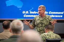 Adm. Samuel J. Paparo, commander, U.S. Indo-Pacific Command, hosted more than 70 senior joint-force leaders for two days of engagements focused on the Indo-Pacific strategy, capabilities and force posture at Headquarters, U.S. Indo-Pacific Command, Camp H.M. Smith, Hawaii, July 1-2, 2024.  Discussions centered on synchronization of operational design, with open dialogue on challenges and opportunities for the Indo-Pacific as unified and component commands, joint task forces, the interagency, Allies and partners work together to achieve shared objectives within the region. USINDOPACOM persistently integrates and employs credible, all-domain combat power in order to deter aggression, prevent and respond to crisis, and, if necessary, conduct decisive joint and combined operations to prevail in conflict. Integrating our operations in support of and supported by other U.S. Government agencies, the joint force will persistently operate in and across all domains to defend the homeland, deter strategic attack, counter aggression, protect U.S. interests throughout the Indo-Pacific, and enhance U.S. alliances and partnerships. (U.S. Navy photo by Chief Mass Communication Specialist Shannon M. Smith)