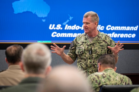 Adm. Samuel J. Paparo, commander, U.S. Indo-Pacific Command, hosted more than 70 senior joint-force leaders for two days of engagements focused on the Indo-Pacific strategy, capabilities and force posture at Headquarters, U.S. Indo-Pacific Command, Camp H.M. Smith, Hawaii, July 1-2, 2024.  Discussions centered on synchronization of operational design, with open dialogue on challenges and opportunities for the Indo-Pacific as unified and component commands, joint task forces, the interagency, Allies and partners work together to achieve shared objectives within the region. USINDOPACOM persistently integrates and employs credible, all-domain combat power in order to deter aggression, prevent and respond to crisis, and, if necessary, conduct decisive joint and combined operations to prevail in conflict. Integrating our operations in support of and supported by other U.S. Government agencies, the joint force will persistently operate in and across all domains to defend the homeland, deter strategic attack, counter aggression, protect U.S. interests throughout the Indo-Pacific, and enhance U.S. alliances and partnerships. (U.S. Navy photo by Chief Mass Communication Specialist Shannon M. Smith)