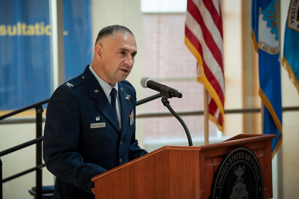 United States Air Force School of Aerospace Medicine, or USAFSAM, Commander Col. (Dr.) Richard O. Speakman addresses a crowd of family, friends and colleagues at a Change of Command ceremony at Wright-Patterson Air Force Base, Ohio, July 2, 2024, immediately following his assumption of duties as commander. “At this schoolhouse . . . we will research, we will educate and we will consult and lead the Air Force with integrated operational medical capability development,” Speakman said. “We will dream more. We will learn more, do more and, finally, become more together. It’s my promise to you,” he added. (U.S. Air Force photo / Rick Eldridge)