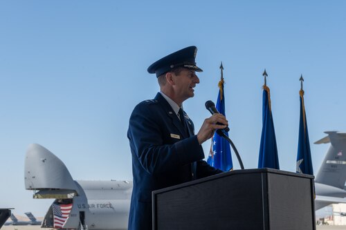 U.S. Air Force Maj. Gen. Corey Martin gives a speech