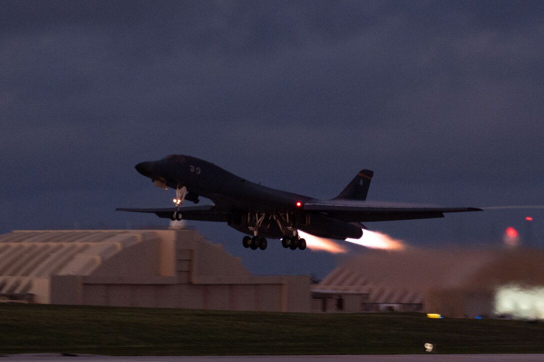 A B1-B Lancer assigned to the 37th Expeditionary Bomb Squadron takes off the runway at Andersen Air Force Base, Guam, June 9 2024, in support of a Bomber Task Force mission. Demonstrating cutting-edge capabilities, forward presence, and commitment to our Allies and partners communicates the U.S.’ resolve in the Indo-Pacific. (U.S. Air Force photo by Airman 1st Class Audree Campbell)