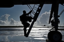 A U.S. Air Force B-1B Lancer pilot assigned to the 37th Expeditionary Bomb Squadron from Ellsworth Air Force Base, South Dakota, climbs a ladder before takeoff at Andersen Air Force Base, Guam, June 13, 2024, in support of a Bomber Task Force 24-6 mission. BTF missions are designed to showcase PACAF’s ability to deter, deny, and dominate any influence or aggression from adversaries or competitors. (U.S. Air Force photo by Staff Sgt. Jake Jacobsen)