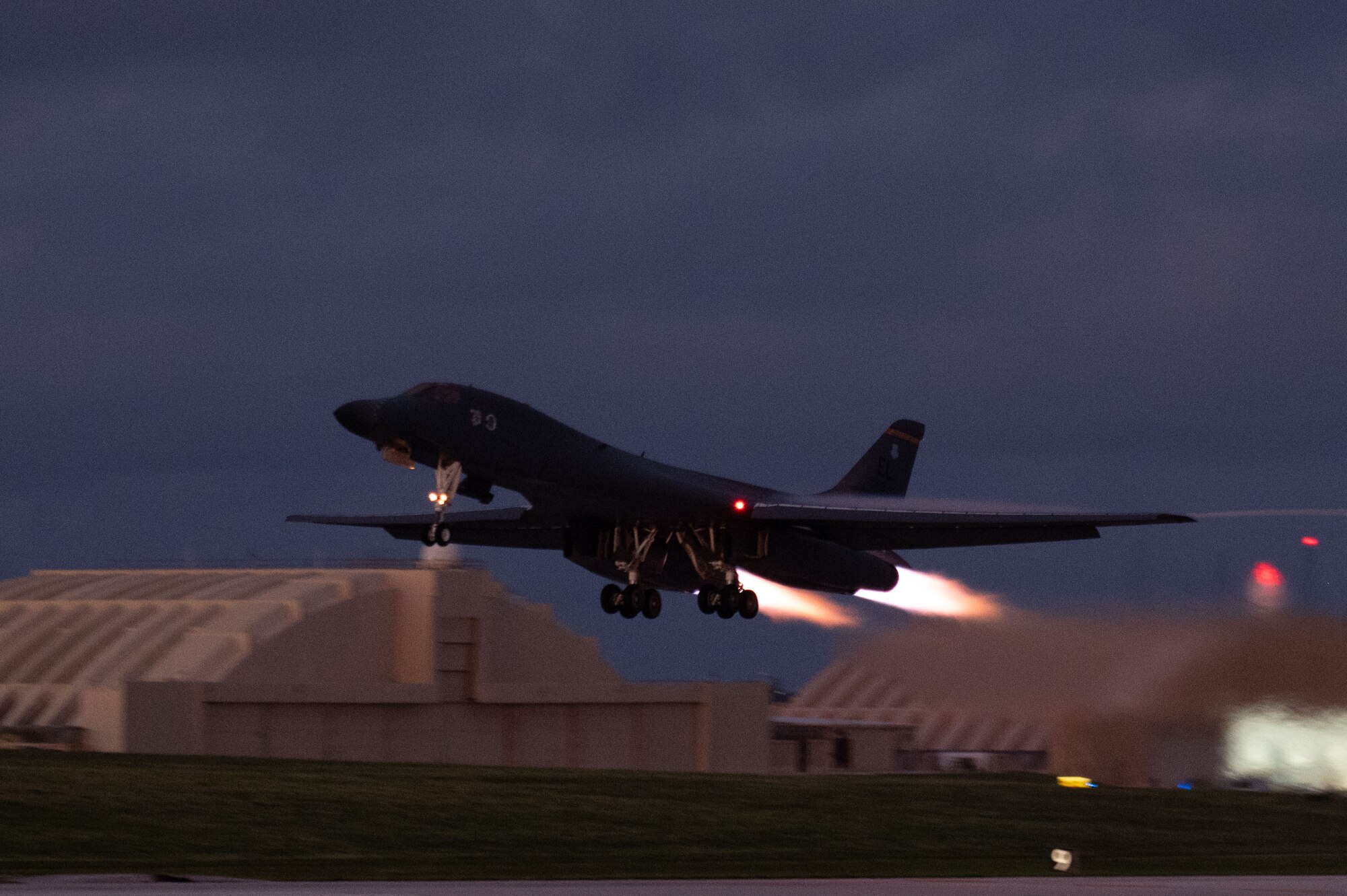 A B1-B Lancer assigned to the 37th Expeditionary Bomb Squadron takes off the runway at Andersen Air Force Base, Guam, June 9 2024, in support of a Bomber Task Force mission. Demonstrating cutting-edge capabilities, forward presence, and commitment to our Allies and partners communicates the U.S.’ resolve in the Indo-Pacific. (U.S. Air Force photo by Airman 1st Class Audree Campbell)