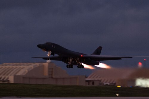 A B1-B Lancer assigned to the 37th Expeditionary Bomb Squadron takes off the runway at Andersen Air Force Base, Guam, June 9 2024, in support of a Bomber Task Force mission. Demonstrating cutting-edge capabilities, forward presence, and commitment to our Allies and partners communicates the U.S.’ resolve in the Indo-Pacific. (U.S. Air Force photo by Airman 1st Class Audree Campbell)
