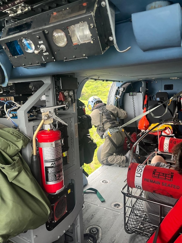 A Coast Guard Air Station Borinquen MH-60T Jayhawk helicopter aircrew hoisted a 35-year-old woman, who became stranded after falling off the rocks and sustaining and ankle injury on Tórtolos Beach in Culebra, Puerto Rico, July 4, 2024.  The woman was transported to the local airport in Culebra, where awaiting emergency medical personnel received and transported her to a local medical facility. (U.S. Coast Guard photo)