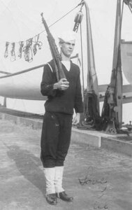 BM1c Albert A. Kelsch, on board MUSKEGET in a signed photo he sent to his mother sometime before August 1942.